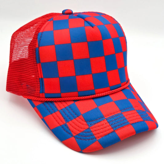 Red & Royal Blue Checkered Trucker Cap